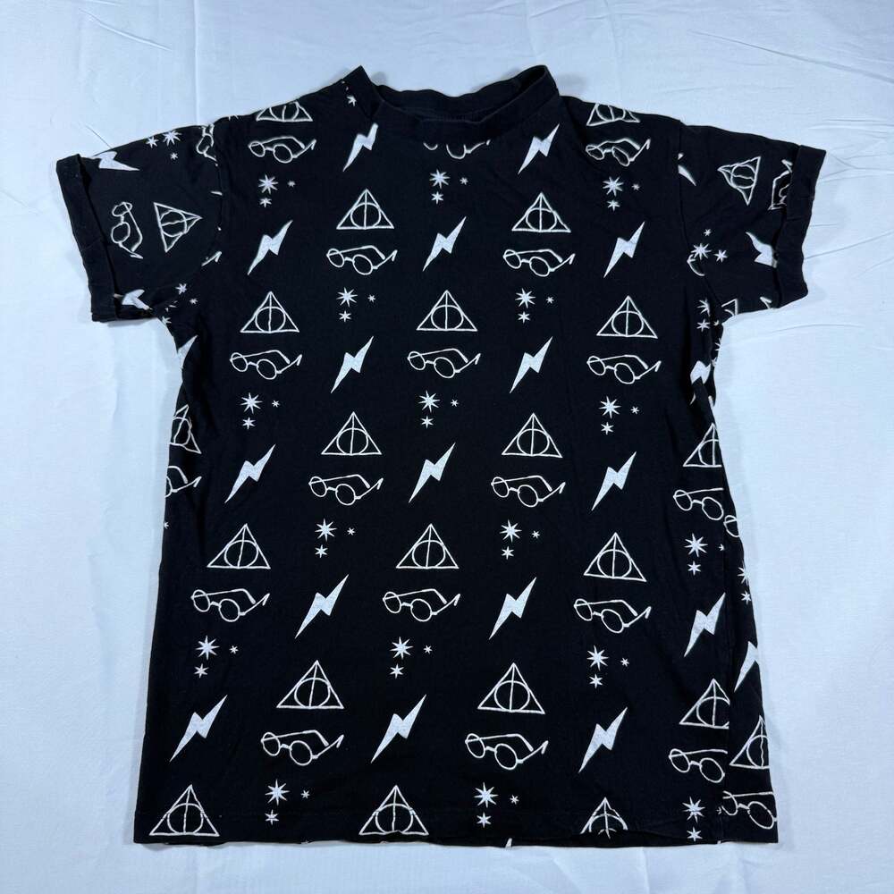 Harry Potter Black All Over Print T-Shirt Deathly Hallows Glasses Lightning Bolt